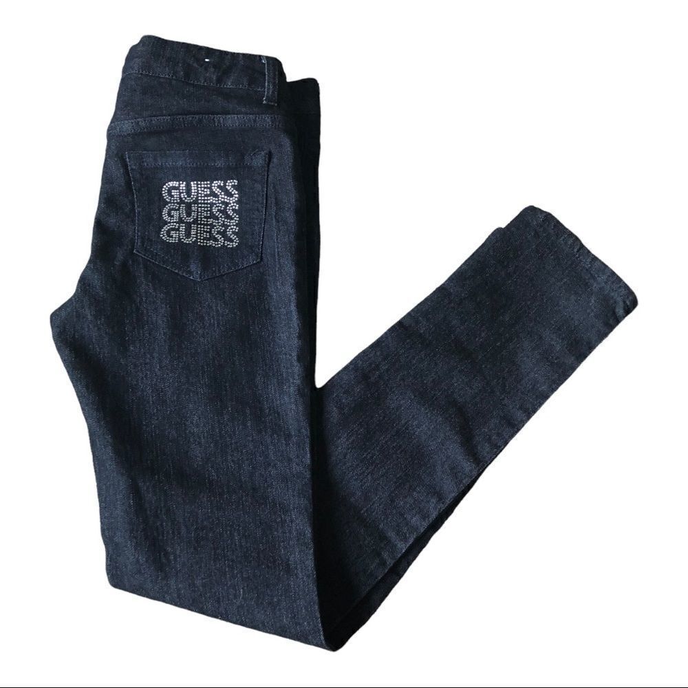 Guess Dark Wash Sarah Low Rise Bling Pockets Skinny Jeans Size 14 Girls